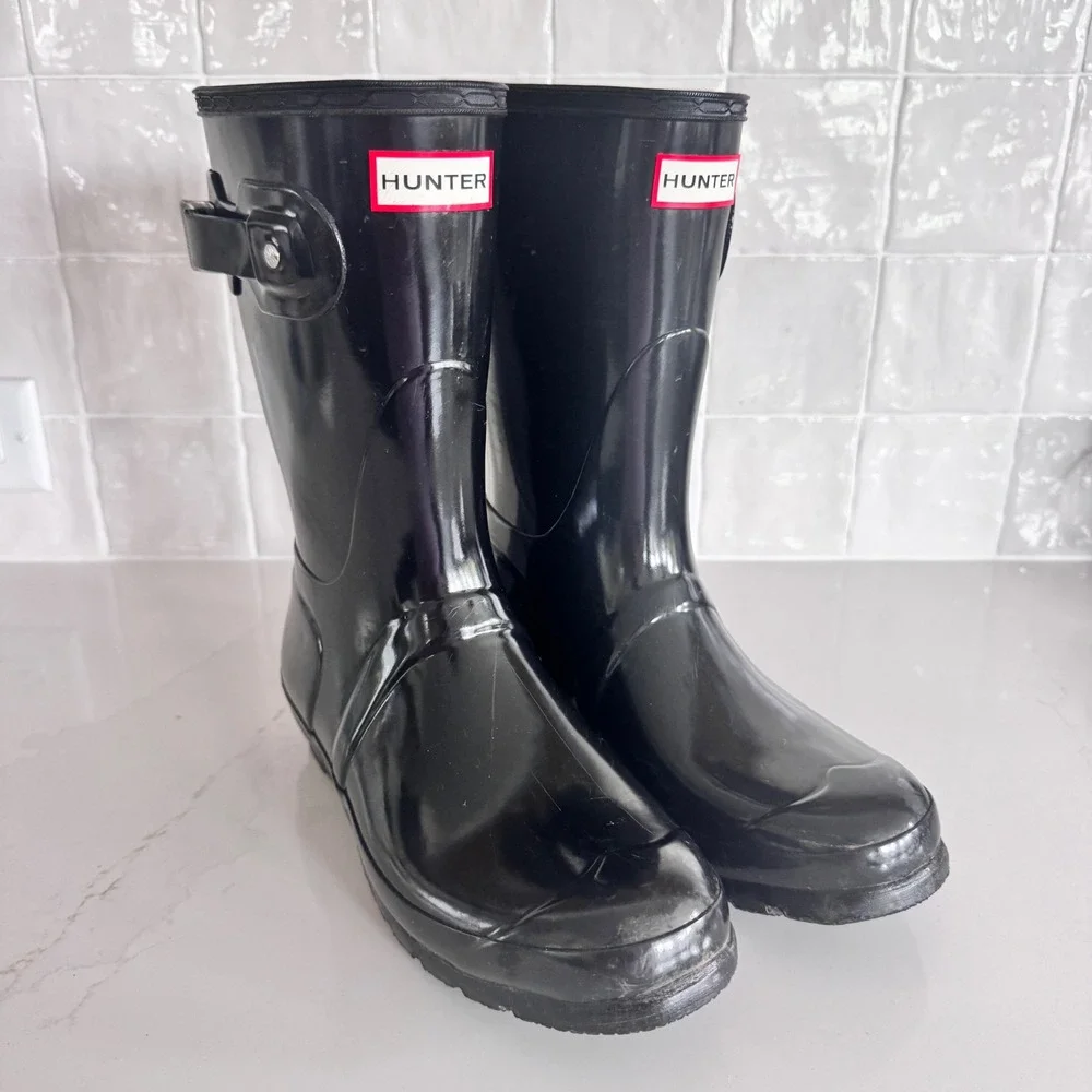 Hunter Original Short Gloss Rain Boots‎ Women Size 9 Black WFS1000RGL